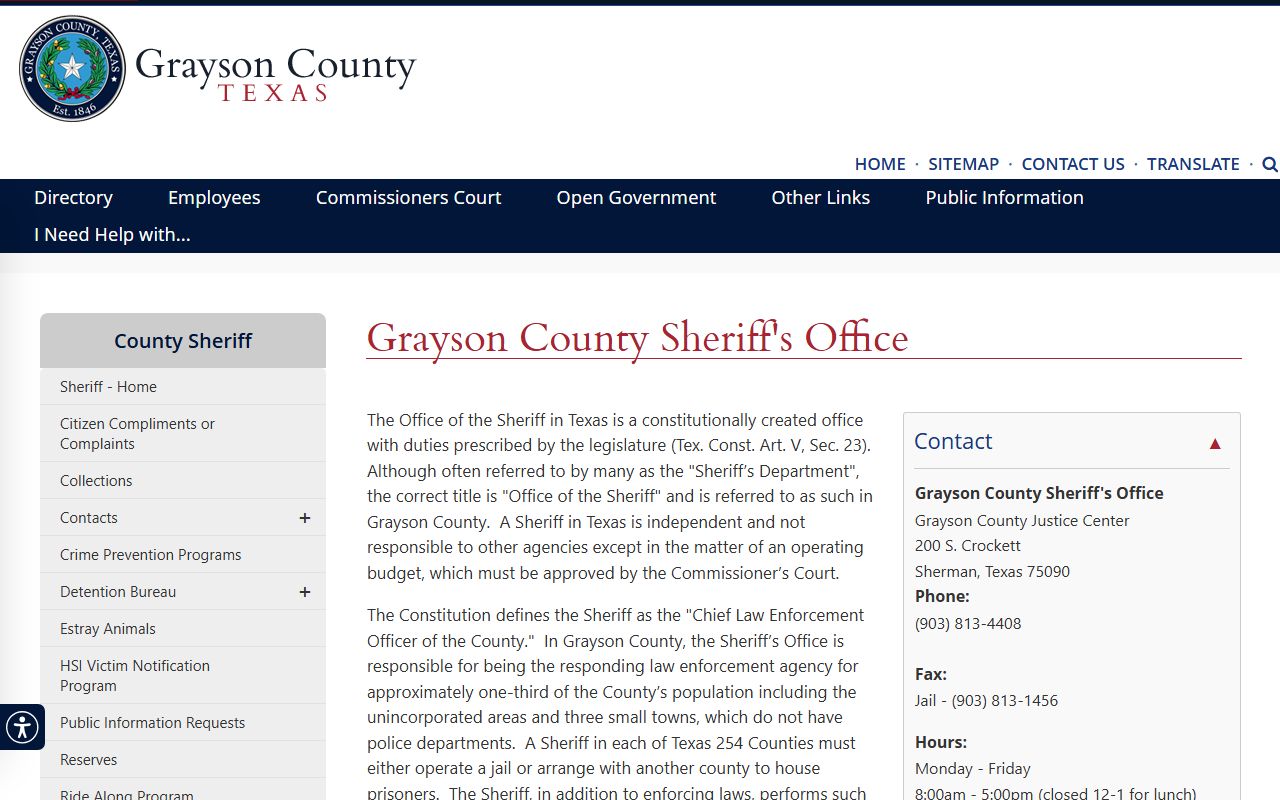 Grayson County Jail sheriff office contact and inmate population source page