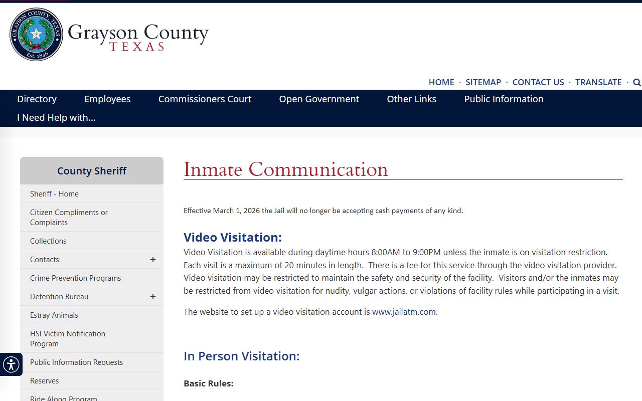 Grayson County Jail visitation schedule and inmate communication rules