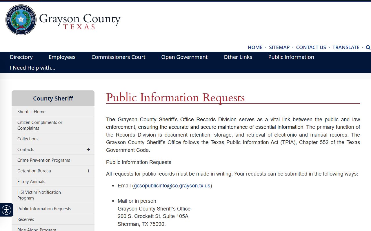 Grayson County Jail records request and public information page