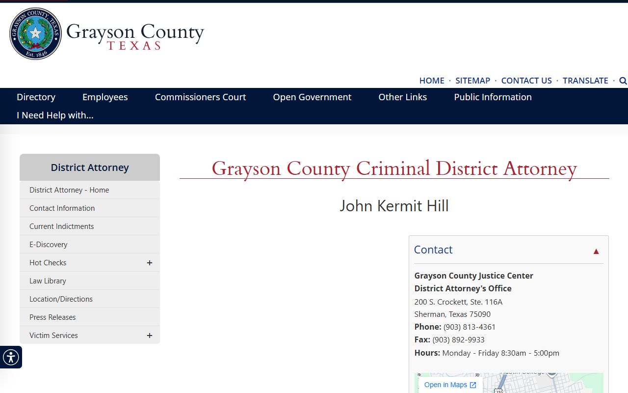Grayson County prosecutor contact page for court records after jail arrest